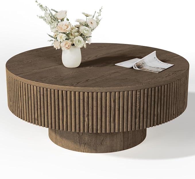 YOUDENOVA 35” Round Fluted Coffee Table, Modern Wood Circle Coffee Table, Veneer Handcrafted Relief Tea Table with Sturdy Pedestal for Living Room, Easy Assembly - Brown