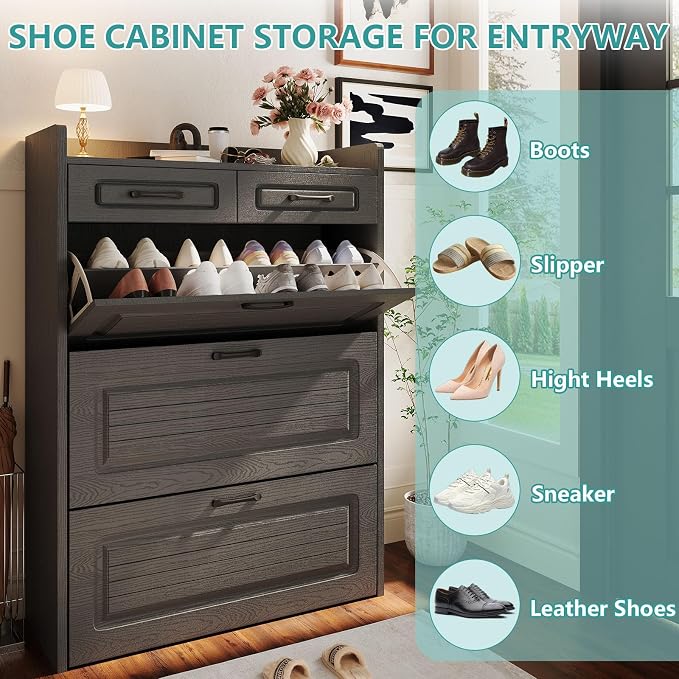 Shoe Cabinet Storage for Entryway with 3 Large Flip Drawers & 2 Storage Drawers, Narrow Shoe Organizer Cabinet Fits for Kinds of Shoes, Slim Shoe Storage Cabinet for Entryway, Hallway, Dark Grey