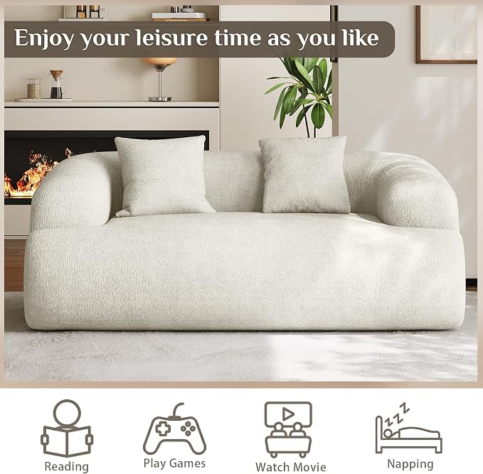 Half Moon Curved Sectional Sofa with 2 Throw Pillows, Modern Style 2-Seater Chenille Leisure Couch with Curved Backrest, Easy Assembly, for Apartment, Living Room, Bedroom, Cream White(76 inch)
