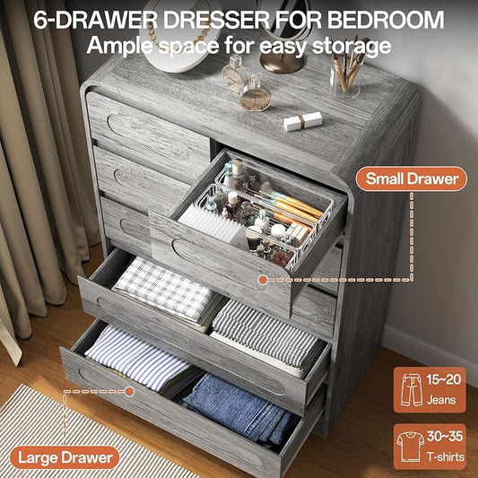 3 Piece Bedroom Set, Dresser and Nightstand Sets for Bedroom | Wood 6 Drawer Dresser & Night Stand Set of 2, Tall Chest of Drawers Modern Storage Cabinet Bedroom Furniture Set, Grey