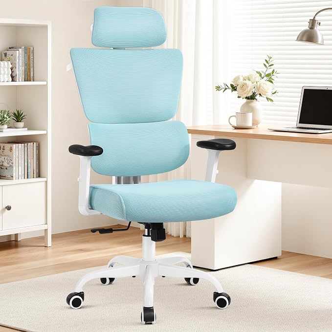 Ergonomic Office Chair High Back Desk Chair with Lumbar Support, Breathable Mesh Computer Chair with Adjustable Armrests Height, Reclining Swivel Big and Tall Gaming Chair for Home Office(Light Blue)