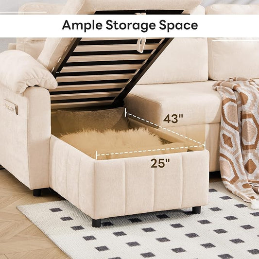 Tbfit 108'' Pull Out Sofa, Cloud Sleeper Sofa Bed with USB & 2 Storage Chaises, Comfy Oersized U Shaped Convertible Sectional Sleeper Couches for Living Room, Apartment, Office, Beige
