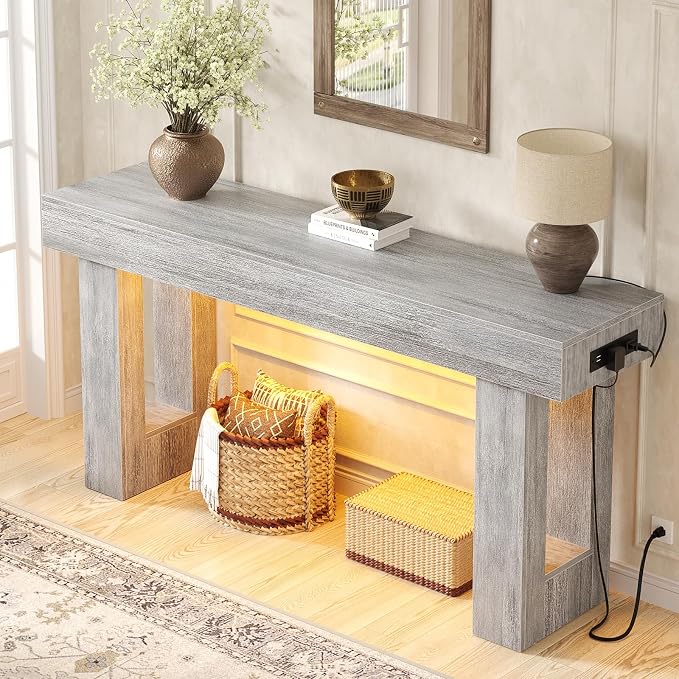 Unikito 63'' Farmhouse Console Table with Power Outlets and Sensor Light, Wooden Entryway Table with Storage, Rectangular Sofa Tables Behind The Couch for Entrance, Hallway, Living Room, Oak