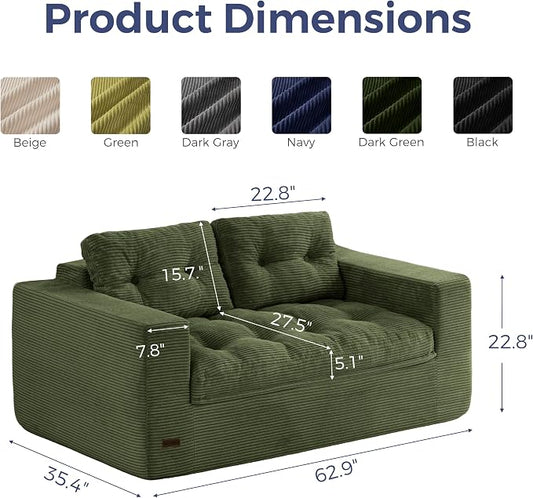 MAXYOYO 63" Loveseat Sofa Couch for Small Spaces, Upholstered Boneless Cloud Couch for Apartment Bedroom, 2-Seater Love Seat Floor Modern Sofa with Pillows, No Assembly Required, Dark Green
