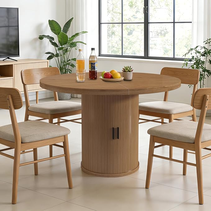 35.5'' Round Pedestal Dining Table, 2-4 Modern Fluted Dining Room Kitchen Table with Storage Shelf, Wood Base Dinner Tables for Kitchen, Breakfast Nook, Small Space, Living Room(Walnut)