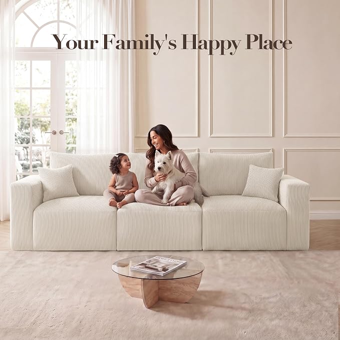 Modular Sectional Sofa, 115" Memory Foam Cloud 3-Seater Boneless Couch, Cozy Upholstered Corduroy Frameless Sofa, No Assembly Required Extra Wide Seating for Living Room & Apartment, Beige