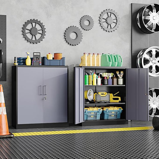 36" H Metal Storage Cabinet, Black Metal Cabinet with 2 Lockable Doors and 2 Adjustable Shelves, Garage Storage Cabinet for Home Office, Garage, School, Apartment, Warehouse
