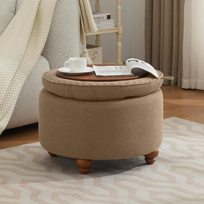 WUTUTUEE 24Inch Round Storage Ottoman with Tray, Modern Tufted Fabric Circle Coffee Table with Storage, Upholstered Ottoman with Removable Top for Living Room, Bedroom, Brown