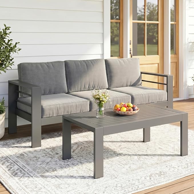 Solaste Aluminum Patio Sofa with Coffee Table,2 PCS Patio Furniture Set with Cushions, All-Weather Outdoor Sofa for Balcony, Deck, Backyard, Porch, Garden, Dark Grey