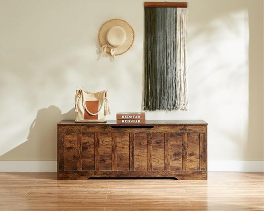 VANKILEY 51.2"Storage chest extra large,storage bench with 2 safety hinges,Shoe Bench,51.2*15.7*19.1inches,wooden trunk for bedroom,livingroom,entryway,Supports 220 lb,Easy Assembly(Rustic brown)