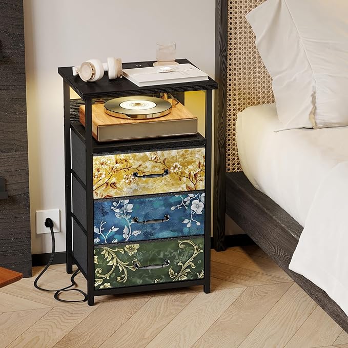 Fixwal Night Stand with Charging Station, LED Nightstand with U-S-B Ports and Outlets, 3 Fabric Storage Drawers with PU Finish, Bedside Table, Vintage Flower