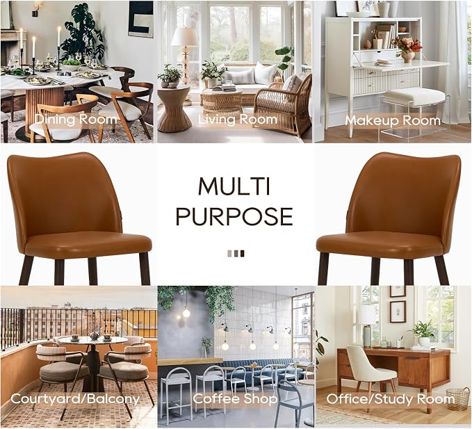 COLAMY Upholstered Dining Chairs Set of 2, PU Leather Dining Room Kitchen Side Chair with Padded Seat and Wood Legs Restaurant/Cafe,Light Brown