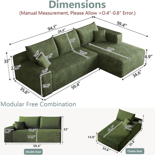 95" Modular Sectional Sofa, Modern Corduroy Cloud Couch with Side Pockets, Boneless Couch Upholstered 3-Seater L-Shaped Sofa for Living Room, No Assembly Required (Green,Right-Facing Chaise)