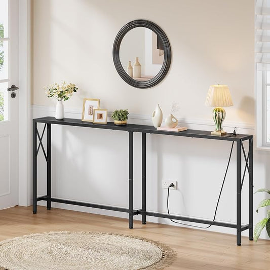 Gewudraw Console Table Narrow Long, Behind Couch Table with Oulets & USB Ports, Industrial Long Skinny Stand for Entryway,Hallway, Living Room, Bedroom Black, 7.9" D x 70" W x 30.3" H