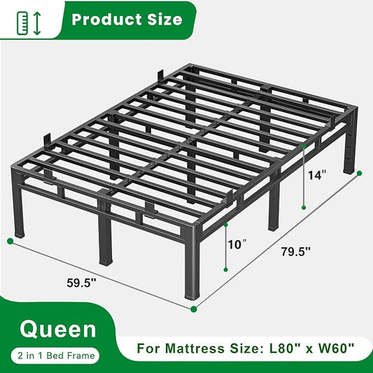 ROIL 14 Inch Queen Bed Frame, Double Layer Metal Bed Frame with Round Corner Legs, 4000LBS Bed Frame & Box Spring 2 in 1 Platform with Headboard Holes Mattress Baffles, Noise-Free Easy Assembly