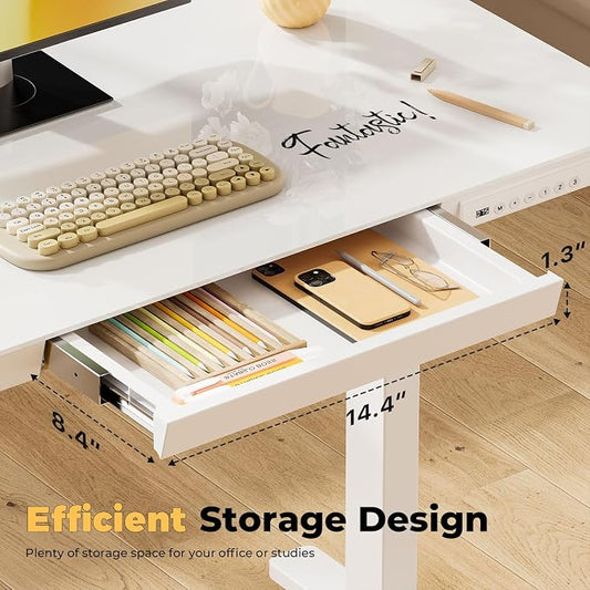 Glass Electric Standing Desk with Drawer, 40" x 20" Whole Piece Samll Sit Stand Table, Height Adjustable Desk with Storage & USB Ports, Quick Install Home Office Computer Desk, White
