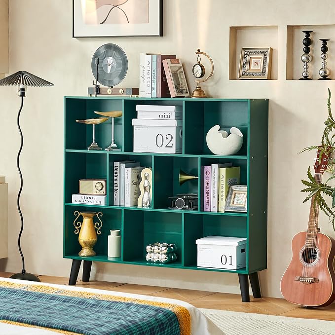LEYAOYAO 10 Cube Bookshelf,3 Tier Modern Wide Bookcase with Legs,Mid-Century Wood Bookshelves Storage,Dark Green Large Book Case,Freestanding Organizer Display Shelf for Bedroom,Living Room,Office