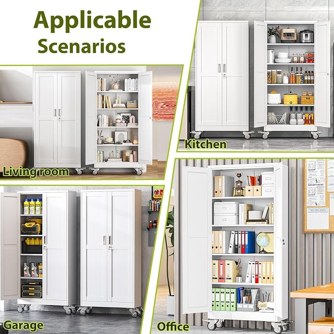 Metal Garage Storage Cabinet with Wheels, 70.9" H x 29.9" W x 15" D, Lockable Rolling Steel Tool Cabinet with Adjustable Shelves, Heavy Duty Garage Cabinet for Workshop, Basement, Home, White