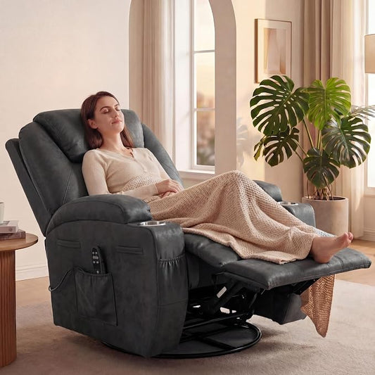 JUMMICO Small Swivel Rocker Recliner, 360 Rocking Chair Recliner with Massage, Upholstered Leathaire Rocker Recliner with Cup Holder for Living Room, Bedroom, Nursery (Black)
