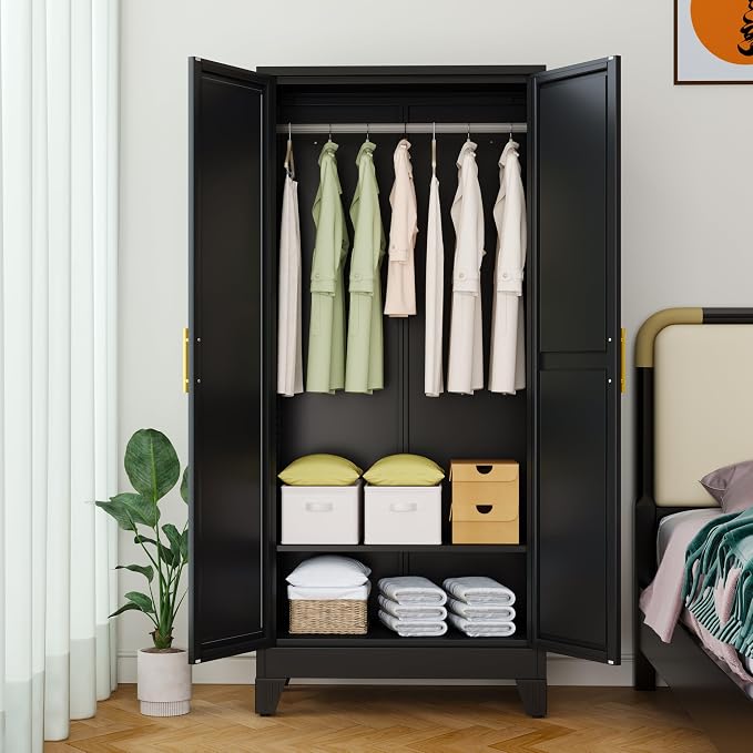 Ckzbx 71" H Metal Armoire Wardrobe Closet with Mirror,Adjustable Shelve, Clothes Drying Pole, Steel Wardrobe Cabinet for Bedroom (Black)