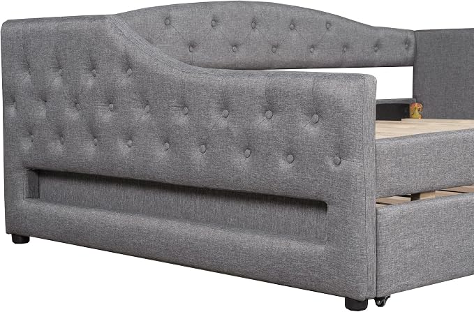 Merax Full XL Size Modern Upholstered Platform Bed with Trundle Bed, Linen Daybed with Wood Slat Support, Storage Bed Frame with Headboard/Gray