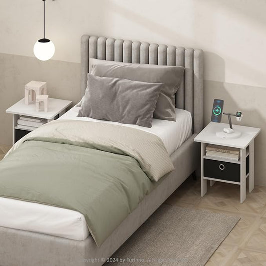 Furinno TIDUR Night Stand Set of 2, Open Shelf Design Nightstand with Storage Bin, Bedside Table, End Table, Side Table, for Bedroom, Closet, Dorm, White