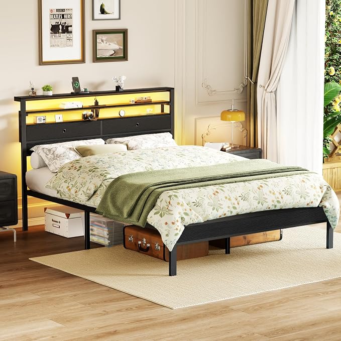 Furnulem Queen Bed Frame with Headboard & 2 Fabric Drawers, Queen Platform Bed Featuring LED Lights, 3-Tier Storage Shelves Built-in Charging Station, Metal Slats, No Box Spring Needed, Easy Assembly