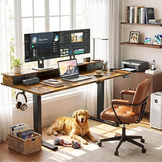 Veken 63x28 in Electric Standing Desk with Drawers, Adjustable Table, Brown | Stand up Computer Desk for Home Office, Work & Study, with Storage, 3 Memory Presets, Cable Organizer, Hook, and Quiet Lift.