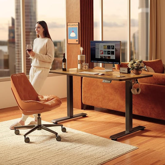 FEZIBO Standing Desk, 55×28 Inches Electric Height Adjustable, Sit Stand Up, Computer Office Desk with Splice Board, Black Frame/Rustic Brown TOP