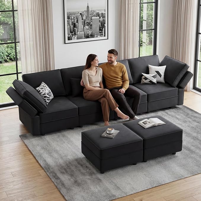 Vesgantti Sectional Couches with Storage Seats, 118" L Shaped Convertible Modular Sectional Sofa, 4 Seat & 2 Ottomans Velvet Storage Chaises Deep Seat Couch for Living Room, Bedroom, Apartment, Black