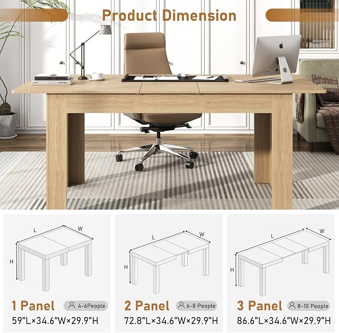 59"-86" Extendable Dining Table for 6-8 Person, Wooden Dining Room Table, Modern Extendable Table for Gatherings, Meeting for Small Kitchens, Dining Office Areas(Natural)