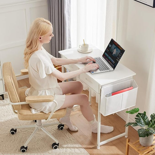 DUMOS 32" Home Office Computer Desk with Drawers, Small Gaming Writing Study Table with Storage Side Bag, Headphone Hook and Adjustable Feet for Bedroom White