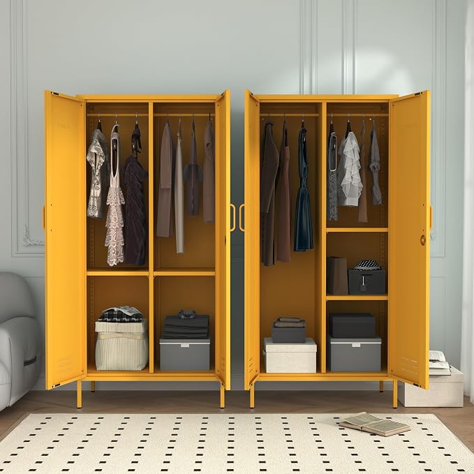 Industrial 67" Yellow Lockable Metal 2-Door Storage Cabinet, Multi-Purpose Wardrobe with Hanging Rod & Adjustable Shelves, Heavy Duty for Bedroom, Garage, Home Office 67"H X 31.5"W X 18.1"D