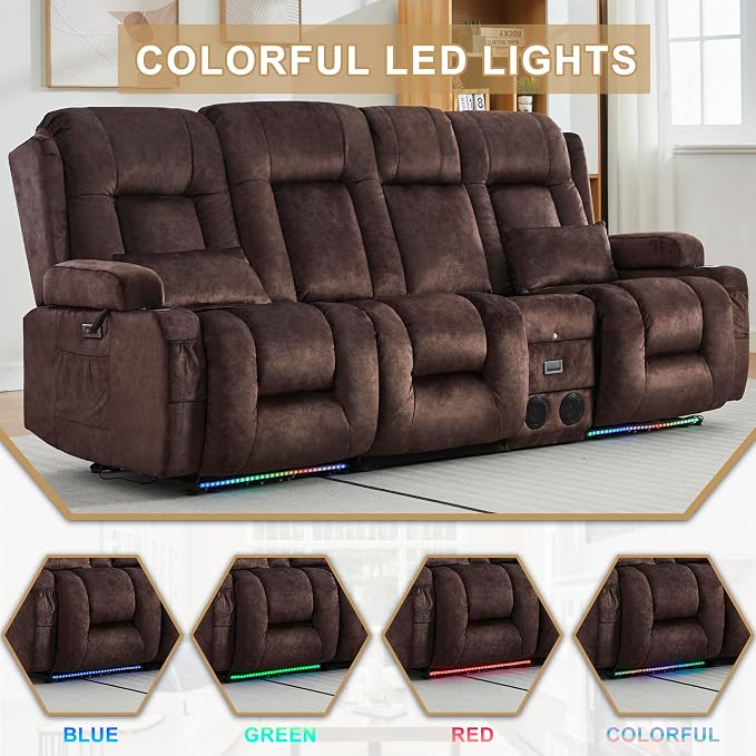 URRED Power Loveseat Recliner Sofa with Massage and Heat, Wall Hugger Reclining Loveseat with Console, RV Couch Home Theater Seating with LED Lights for Living Room (Brown, 89.8" - 3 Seats)