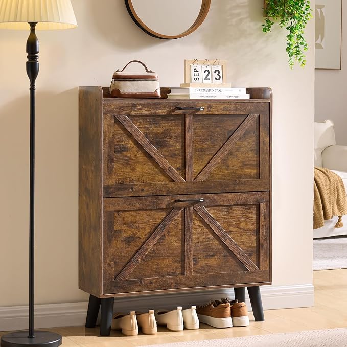 LEYAOYAO Shoe Cabinet Storage for Entryway with 2 Flip Drawers Rack Narrow Organizer Slim Hidden Wood Shoe Cabinet Furniture Brown