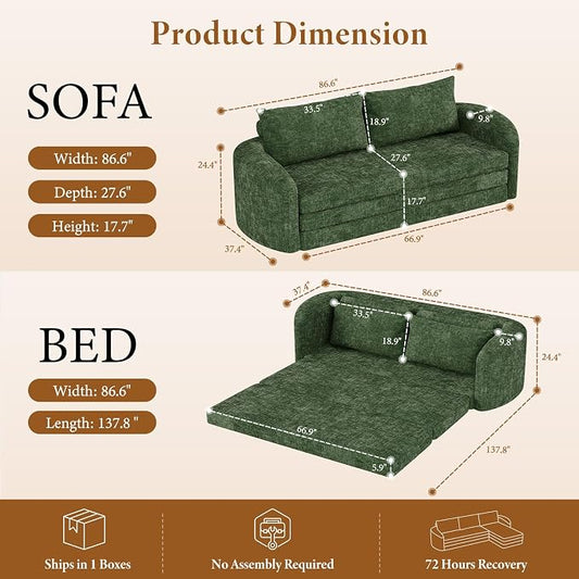 Vesgantti 86.6" Futon Convertible Couch Bed, 3 in 1 Folding Sleeper Sofa Bed with Curved Armrest, Modern Chenille Modular Boneless Sectional Couch for Living Room, No Assembly Required, Green