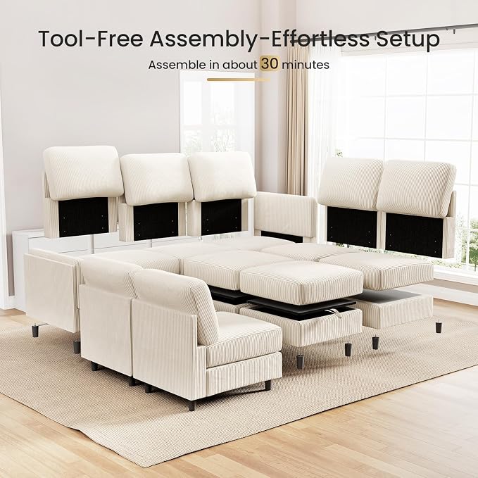 KKL Modular Sectional Sofa Bed - Sofabed with Storage Ottoman, Convertible L/U-Shaped Sleeper Couch for Living Room, Modern Reversible Design, Beige