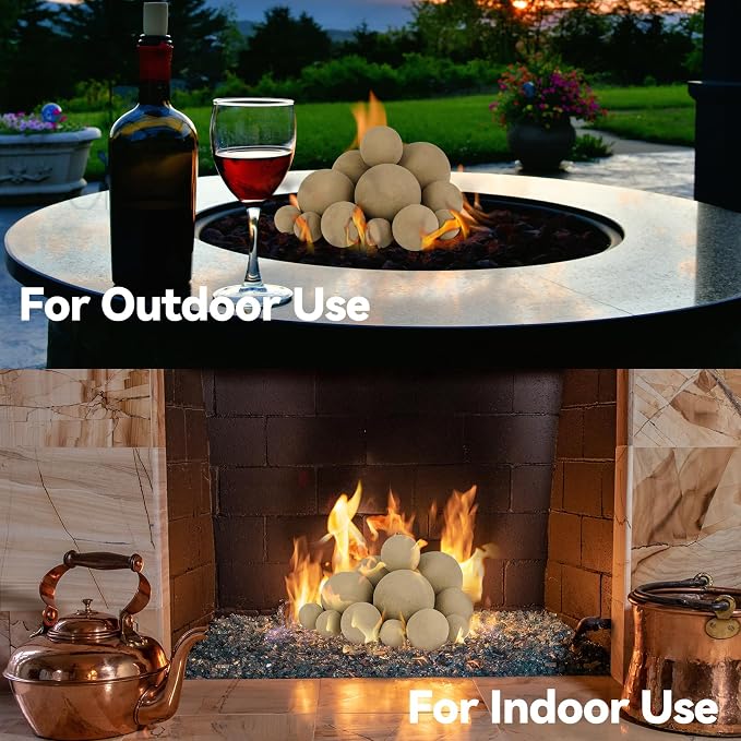 Skyflame 12PCS Fire Pit Ceramic Balls, Mixed of 4 Sizes Fire Pit Balls Set for Indoor and Outdoor Fire Tables or Fireplaces Accessory,Beige