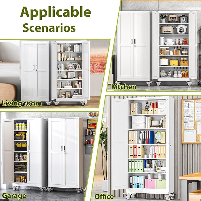74.8" H Metal Garage Storage Cabinet with Doors and Shelves, Rolling Storage Cabinet with Lock, Steel Cabinets on Wheels, Large Tool Locker for Garage, Home Office, Shop, White