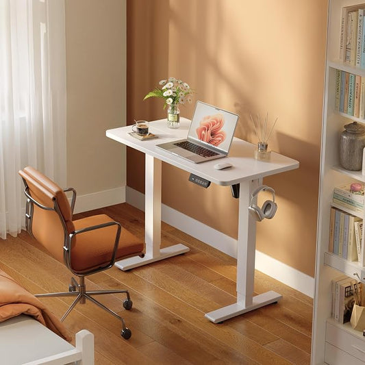 FEZIBO Small Standing Desk, 32 × 19 Inches Electric Height Adjustable, Sit and Stand Up, Computer Office Desk with Splice Board, White Frame/White Top