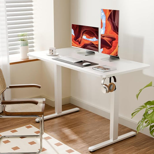 ERGOMAKER Electric Standing Desk, 47.2" x 23.6" Height Adjustable Sit Stand Desk with Splice Board for Home Office, Computer Desk Memory Preset (White Frame, White Desktop)