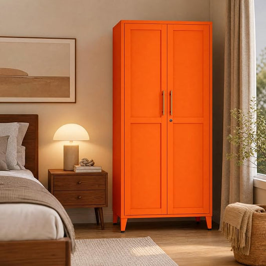 Heavy Duty Metal Cabinet with 3 Adjustable Shelves, Lockable Double Door Storage Locker, 61" Tall Utility Closet for Living Room Home Office Orange 61" H X 27.6" W X 13.8" D