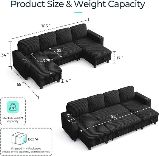 LINSY HOME Sectional Sleeper Sofa Pull Out Couches for Living Room (Black, Sleeper Sofa 3) | Pull Out Sofa Bed, Storage, USB Charging, Cup Holders, Plush Corduroy