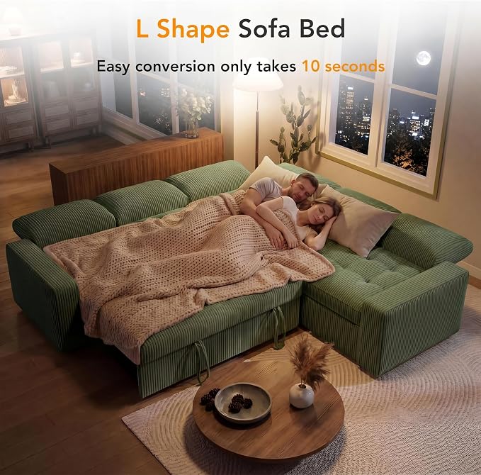 Sunny Heart Modular Sectional Sleeper Sofa with Pull Out Bed, Corduroy L Shaped Sectional Sofa with USB Ports/Adjustable Backrest/Storage Seats, Tool-Free Assembly, Couches for Living Room Green