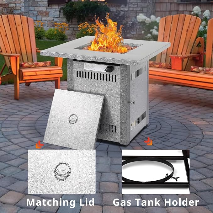 Hexago 28 Inch Propane Fire Pit Table, Gas Square Outdoor Fire Table Dinning with Lid, Lava Stone, 50000BTU, ETL Certification, for Outside Garden Backyard Deck Patio, Silver