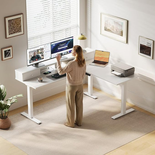 Casaottima 59 Inch Electric L-Shaped Standing Desk with Drawers, Height Adjustable Stand Up Corner Desk with Monitor Stand, Lift Table for Home, Office, Workstation, White