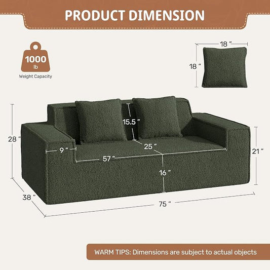 75'' Cloud Loveseat Sofa, No Assembly Required Comfy Deep Seat Couches 1 pcs for Living Room, Bedroom, Apartment(Teddy Fabric-Green)