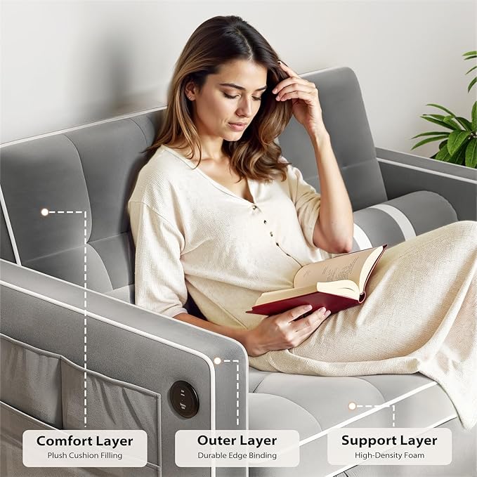 Pipishell 3 in 1 Sleeper Sofa Bed, Pull Out Couch with USB & Type-C Ports, Deep Seat Convertible Loveseat Sofa, Adjustable Backrest, Side Pockets, Velvet Futon Couch for Living Room, Grey