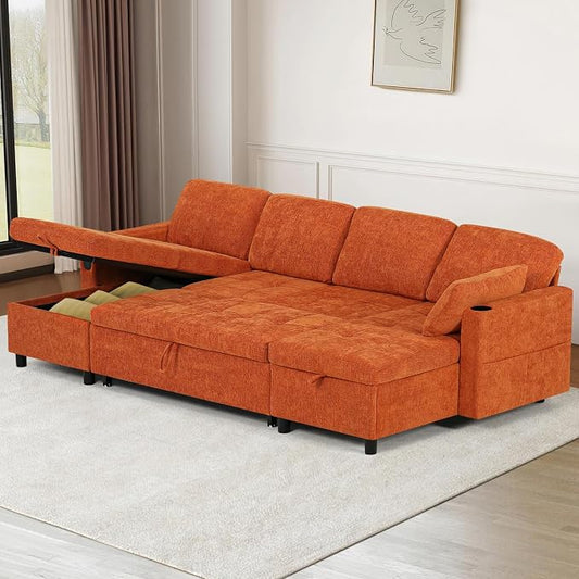 110 Inch Sleeper Sofa Bed w/7 Angles Adjustable Backrests, Chenille sectional Sofa Bed w/USB Port, Convertible U-Shaped Couch Bed w/Storage Chaise & Thicker Cushions for Living Room, Orange