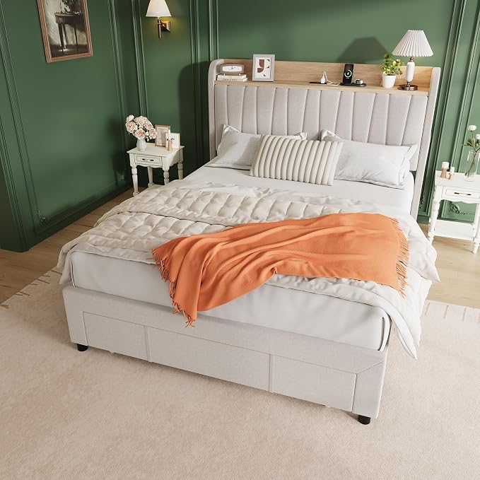 Garvee Upholstered Bed Frame Queen Size with Storage Headboard and Charging Station, Platform Bed Frame with Drawers, Heavy Duty, No Box Spring Needed, Easy Assembly, Beige